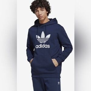 ADIDAS Tricot Graphic Hoodie Mens Sweatshirt Size Small Navy Blue White EUC